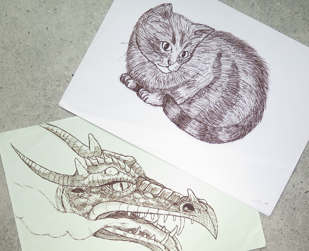 rysunek lineart cienkopis kreskowanie cieniowanie smok kot 