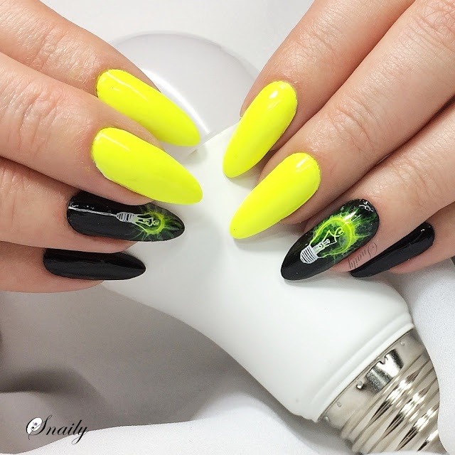 Żarówiaste paznokcie neonowy żółty żarówka snaily zdobienie stylizacja nail art neon 