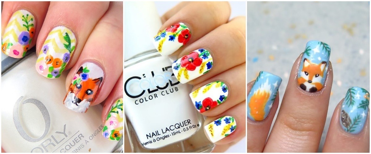 Zdobienia paznokci w lisy kwiaty lisek ręcznie malowane inspiracje nail art 
