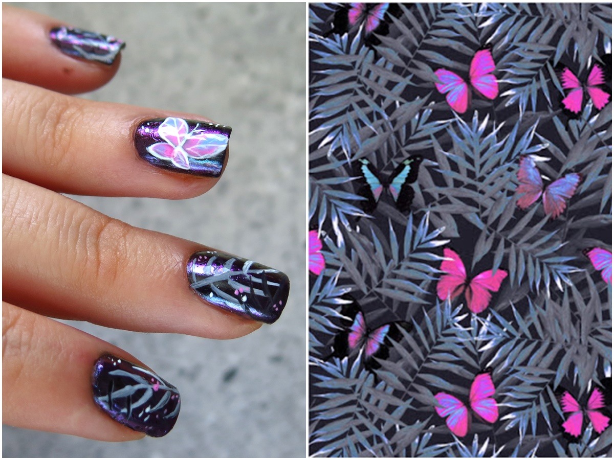 Zdobienie paznokci tropikalne liście motylek pastelowy fioletowy różowy pazurki 