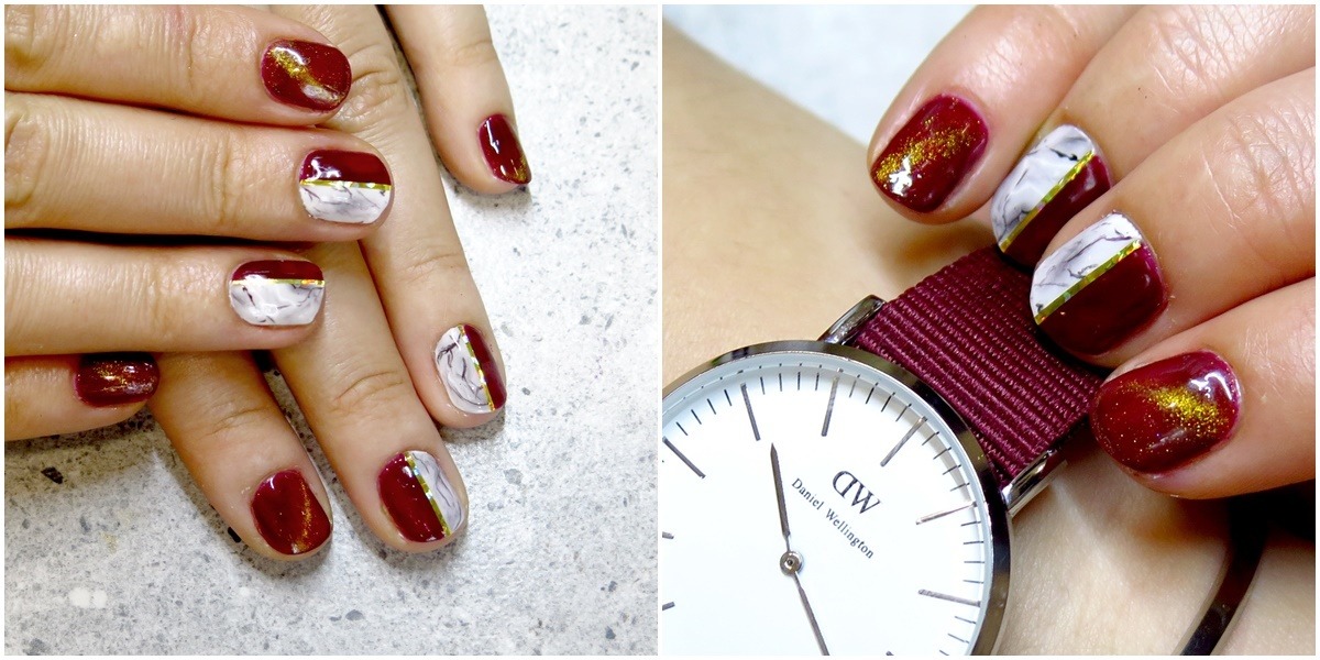 zdobienie paznokci marmurek złota tasiemka bordowy lakier